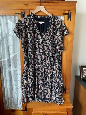 LOFT Black Floral Short-Sleeve Mini Dress with Pink & Green Floral Print